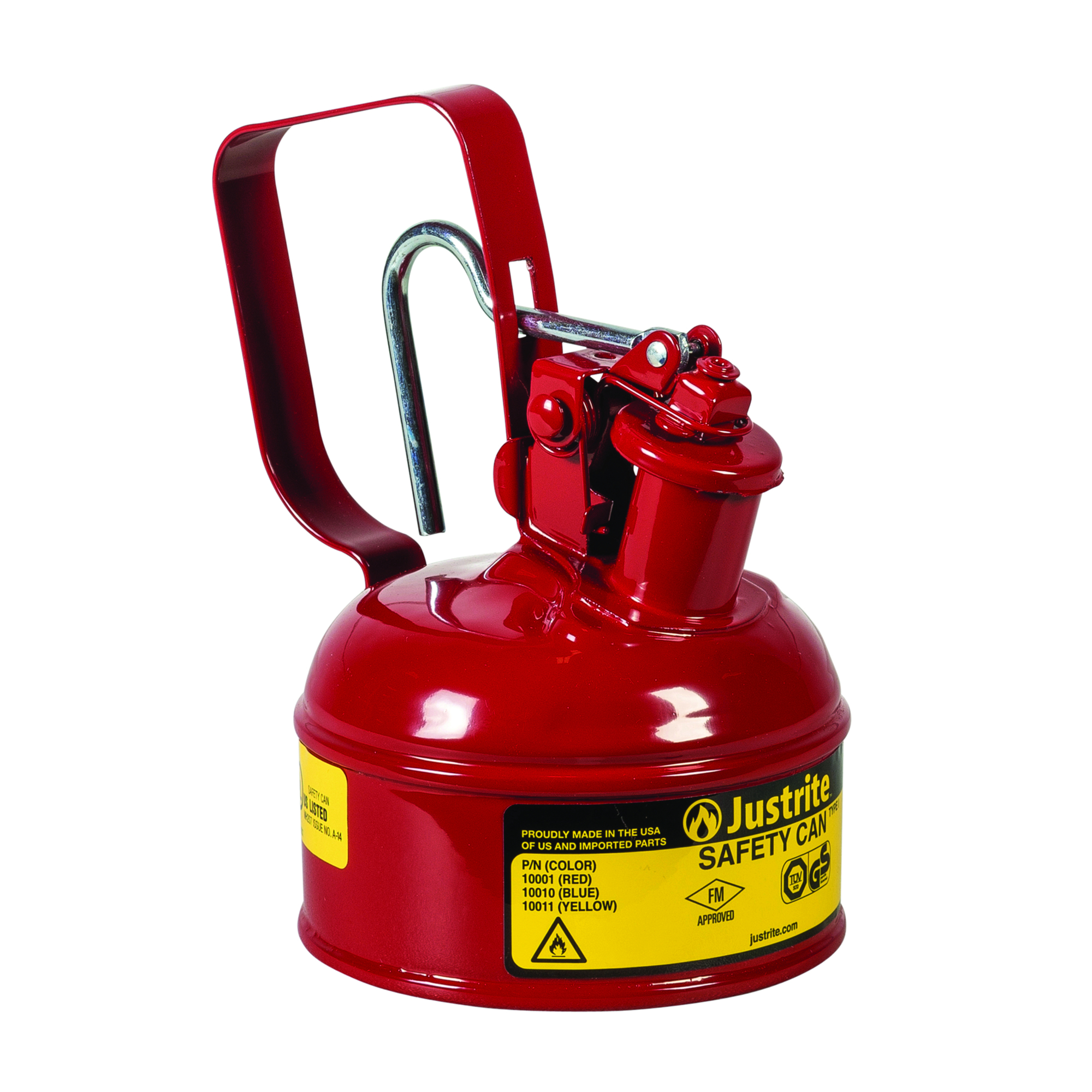 Justrite 1-Pint Steel Safety Can for Flammables — Type I, Flame Arrester, Trigger Handle, Red, Model# 10001